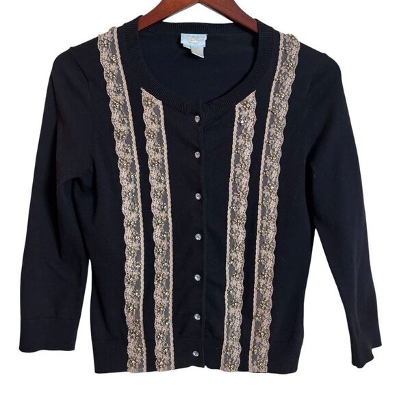 Vintage 90s Tracy Reese NY Black & Gold Lace Dainty Cardigan Sweater Size Small - Picture 1 of 9